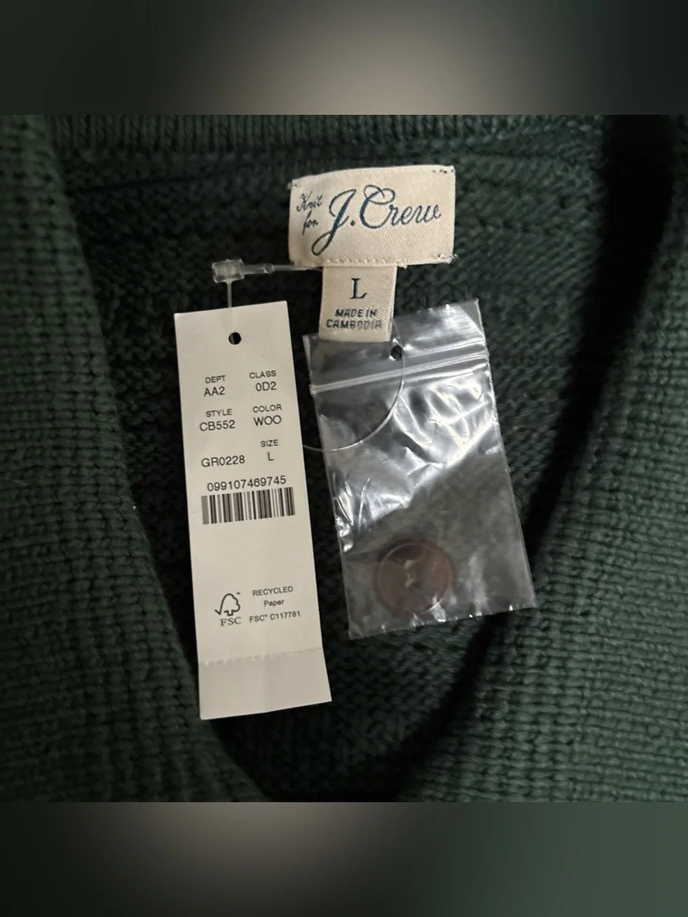 NWT J. Crew Men's Forest Green Knit Polo Cardigan Large